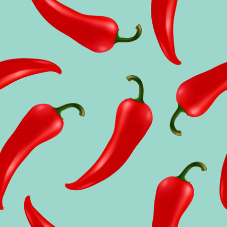 Vector Seamless Pattern with 3d Realistic Hot Chilli Pepper on Blue Background. Fresh Chilli Hot Pepper Design Template for Culinary Concept. Vector Illustrationのイラスト素材