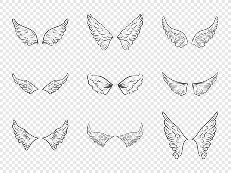 Vector Black Outline Wing Icon Set Isolated. Linear Vintage Wings, Icons, Design Template, Clipart Collection. Cupid, Bird Wings. Vector illustrationのイラスト素材
