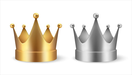 Vector 3d Realistic Golden Crown Icon Set Closeup Isolated on White Background. Yellow and Gray Metallic Crown Design Template, Front Viewのイラスト素材