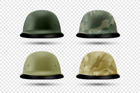 Vector 3d Realistic Military Helmet Icon Set Closeup Isolated. Green, Camouflage Pattern. Army Symbol of Defense and Protect.のイラスト素材