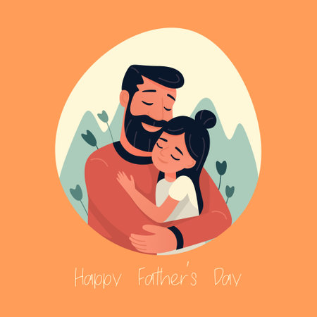 Cartoon Flat Characters - Father and His Little Daughter. Happy Smiling, Hugging People Couple - Dad, Daughter. Daddy s Daughter in His Arms Hugs. Family, Fathers Day Concept. Vector Illustrationのイラスト素材
