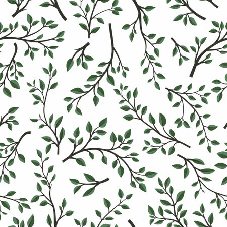 Vector Seamless Pattern with Tree Brunches. Flat Cartoon Twig with Green Leaves on White Background. Spring, Summer Design - Leaves, Brunches, Plants, Herbs. Vector Illustrationのイラスト素材