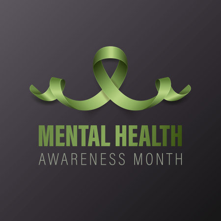 Mental Health Awareness Month Banner, Card, Placard with Vector 3d Realistic Green Ribbon on Black Background. Mental Health Awareness Month - May - Symbol Closeup. World Mental Health Day Conceptのイラスト素材