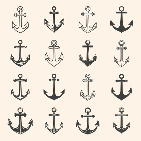 Vector Anchors. Anchor Silhouette Icon Set. Black and White Anchor with Outline. Anchor Design Template Collection. Vector Illustrtionのイラスト素材