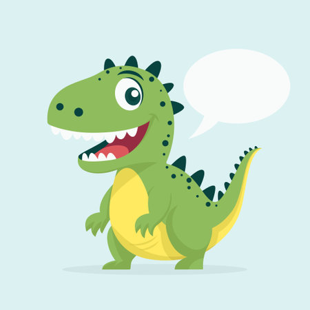 Vector Cute Kind Baby Kid Smiling Dinosaur. Happy Cartoon Green Dinosaur Tyrannosaurus Rex, Tyrex with Speech Bubble in Flat Style on Blue Backgroundのイラスト素材