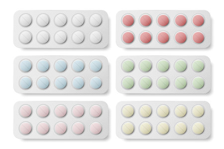 Vector Realistic Round Pharmaceutical Medical Pills, Vitamins, Capsule in Blister Set Closeup Isolated. Pills Design Template, Collection. Front, Top View. Medicine, Health Conceptのイラスト素材