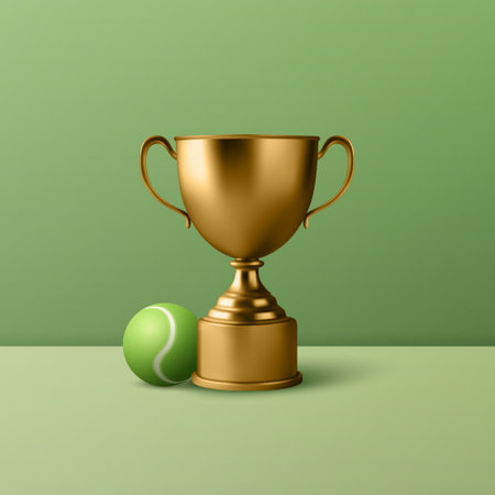 Vector 3d Realistic Blank Golden Champion Cup Icon with Tennis Ball Set Closeup on Green Background. Design Template of Championship Trophy. Sport Tournament Award, Gold Winner Cup and Victory Conceptのイラスト素材