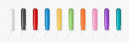 Vector 3d Realistic Menstrual Hygiene Cutton Tampon with Applicator in Plastic Tube Icon Set Isolated. Feminine Hygiene Design Template, Hygienic Tampon, Front View. Concept of Womens Health, Hygieneのイラスト素材