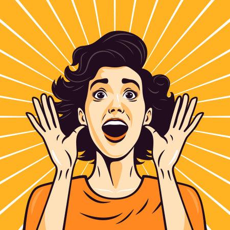 Vector Woman with Wow Face Holding Hands, Arms, Palms Near Her Cheeks in Pop Art Comic Style. Advertising Poster for Sale or Discount, Web Banner, Placard, Flyer Card with Beautiful Surprised Womanのイラスト素材