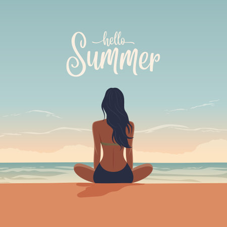 Vector Flat Young Tourist Woman Sitting on the Beach, Enjoying the Resort, Relaxing on Seaside Sand Beach in Summer Season, Back View. Hello Summer Concept. Blue Ocean Scenic View Backgroundのイラスト素材