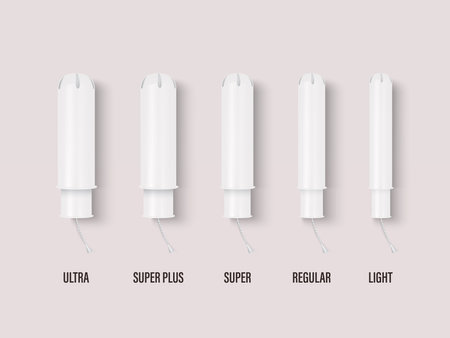 Vector 3d Realistic White Menstrual Hygiene Cutton Tampon with Applicator in Plastic Tube Icon Set Isolated in Different Sizes. Feminine Hygiene Design Template. Concept of Womens Health, Hygieneのイラスト素材