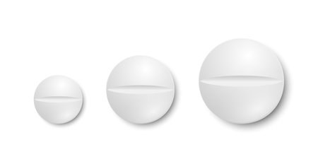 Vector 3d Realistic White Round Pharmaceutical Medical Pill Icon Set, Different Sizes, Closeup, Isolated on White Background. Glossy Pills, Design Template, Front, Top View. Medicine, Health Conceptのイラスト素材