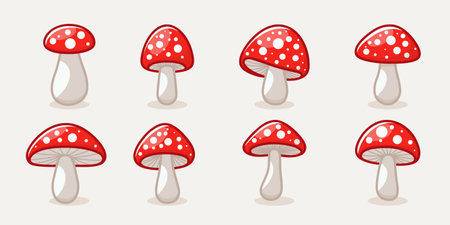 Vector Flat Mushroom Icon Set Isolated. Amanita Muscaria, Fly Agaric Sign, Mushrooms Collection. Magic Mushroom Symbol, Design Template. Vector illustrationのイラスト素材