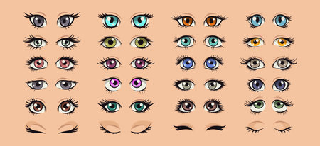 Vector Cartoon Female Eyes Collection. Beautiful Colored Women s Opened and Closed Eyes in Manga, Pop Art Comic Style. Different Girls Eyes with Eyelashes Design Template. Front Viewのイラスト素材