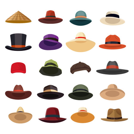 Vector Different Hats. Female, Womens and Mens Hat, Cap Icon Set Isolated. Summer Beach Head Accessory, Traditional, Farmers Headdress Hat Collection in Flat Style. Front Viewのイラスト素材