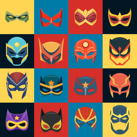 Vector Super Hero Masks Set in Flat Style. Face Character, Superhero Comic Book Mask Collection. Superhero Photo Props, Women and Men Masks, Carnival Glassesのイラスト素材