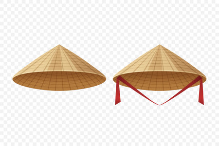 Vector Chinese, Asian, Vietnamese Traditional Conical Straw Hat Icon Set Closeup Isolated. Vietnamese Triangle Nonla Hat. Non La Headdress. Vietnamese Symbol. Hand-Drawn Flat Illustration. Front Viewのイラスト素材
