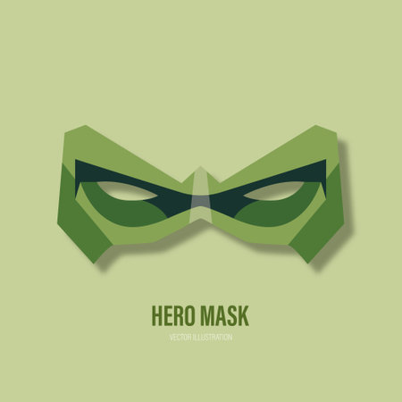 Vector Green Super Hero Mask in Flat Style on Green Background. Face Character, Superhero Comic Book Mask Design Template. Superhero Carnival Glasses, Front Viewのイラスト素材