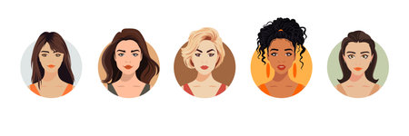 Vector Woman Avatar Set. Beautiful Young Girls Portrait Collection, Different Hairstyle. Female Face Types, Different Nationalities Portraits. Cartoon Multiethnic Society in Flat Style. Front Viewのイラスト素材