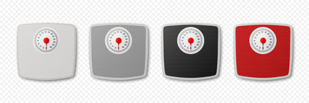 Vector 3d Realistic Bathroom Scales. Bathroom Body Weight Scales Icon Set Closeup Isolated in Front, Top View. Classic Retro Bathroom Floor Scale Design Templateのイラスト素材