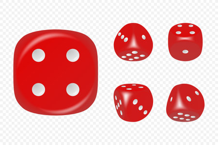 Vector 3d Realistic Red Game Dice with White Dots Set in Different Positions Isolated. Gambling Games Design, Casino, Poker, Tabletop, Board Games. Realistic Cubes with Random Numbers, Rounded Edgesのイラスト素材