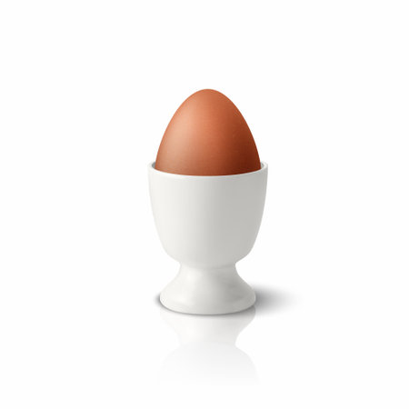 Vector 3d Realistic Brown Chicken Egg in a White Ceramic, Porcelain Boiled Egg Cup Holder, Stand for Breakfast. Chicken Egg Icon, Isolated, Front Viewのイラスト素材