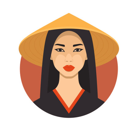 Vector Portrait of Beautiful Young Asian Woman with Chinese, Asian Traditional Conical Straw Hat, Vietnamese Triangle Nonla Hat, Non La Headdress. Asian Women Portrait in Front Viewのイラスト素材
