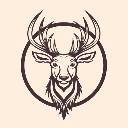 Vector Deer Head with Horns, Antlers. Hand Drawn Black and White Portrait of Reindeer with Outline, Front View. Design Template for Wildlife, Hunters, Hipster, Christmas, New Year Conceptのイラスト素材