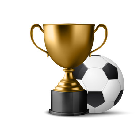Realistic Vector 3d Blank Golden Champion Cup Icon with Soccer Ball Set Closeup Isolated on White. Design Template of Championship Trophy. Sport Tournament Award, Gold Winner Cup and Victory Conceptのイラスト素材
