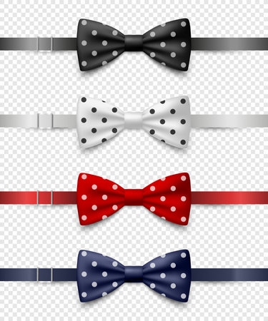Vector 3d Realistic Polka Dot Blue, Black, Red, White Bow Tie Icon Set Closeup Isolated. Silk Glossy Bowtie, Tie Gentleman. Mockup, Design Template. Bow tie for Man. Mens Fashion, Fathers Day Holidayのイラスト素材