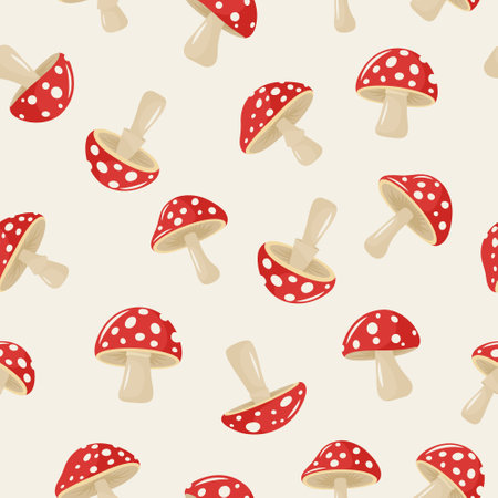Vector Seamless Pattern with Hand Drawn Cartoon Flat Mushrooms on White Background. Amanita Muscaria, Fly Agaric Illustration, Mushrooms Collection. Magic Mushroom Symbol, Design Templateのイラスト素材