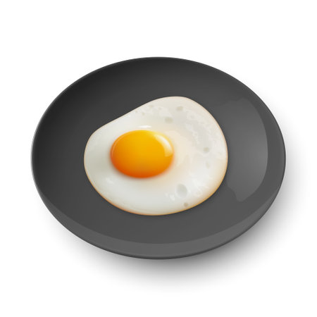 Vector 3d Realistic Black Plate, Dish with Fried Egg, Omelet Inside Isolated on White Background. Healthy Breakfast, Protein Food, Diet Meal Concept. Design Template, Mockup. Top, Side Viewのイラスト素材