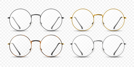 Vector 3d Realistic Round Frame Glasses Icon Set. Colorless Transparent Sunglasses for Women and Men, Accessory. Optics, Lens, Vintage, Trendy Glasses. Front, Front Viewのイラスト素材