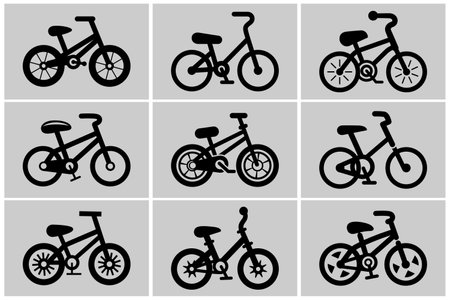 Vector Black Bicycle Icon Set. Simple Minimalistic Vector Bike Icon Collection. Cycling Sign, Bicycle Shape Isolated. Trendy Flat Bike Design Elements for Logo, Web, Social Media, UI, App. Side Viewのイラスト素材
