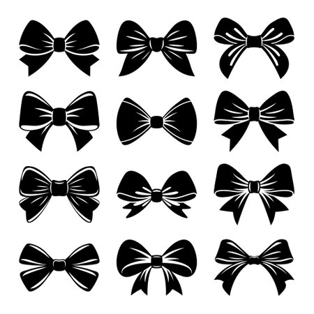 Vector Black and White Bow Tie or Gift Bow Silhouette Cut Out Icon Set Isolated on White Background. Bows Collection. Bow Shape Design Templateのイラスト素材