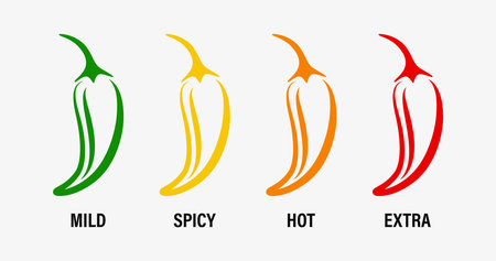 Flat Vector Spicy Chili Pepper Levels on White Background. Red Jalapeno Pepper Strength Scale Indicator with Mild, Spicy, Hot and Extra Positionsのイラスト素材