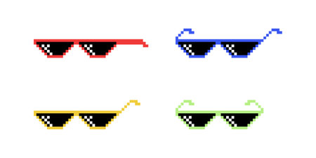 Vector Black and White Pixel Boss Glasses Icon Set in 8 bit Retro Style. Summer Meme Game Thug Design, Mafia Gangster Funky Sunglasses. Rap Music Design Elementのイラスト素材