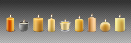 Vector 3d Realistic Different Paraffin Wax Burning Party, Spa Candles Set with Flame of a Candle, Isolated. Candle Design Template Collection, Front Viewのイラスト素材