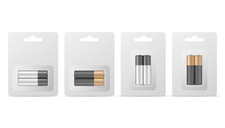Vector 3d Realistic Two Alkaline Battery in Paper Blister and Battery Icon Set Closeup Isolated. AA Size, Horizontal and Vertical Position. Design Template for Branding, Mockupのイラスト素材