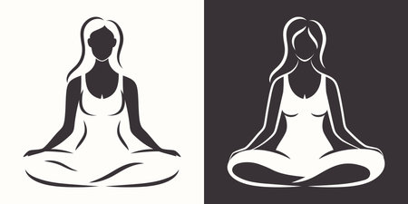Silhouette Black and White Vector Illustration of a Girl Doing Yoga in Lotus Pose. Design Template for Fitness Club Logo, Label, Company Badge. Cutout Styleのイラスト素材