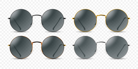 Vector 3d Realistic Round Frame Glasses Frame Isolated. Transparent Sunglasses for Women and Men, Accessory. Optics, Lens, Vintage, Trendy Glasses. Front Viewのイラスト素材