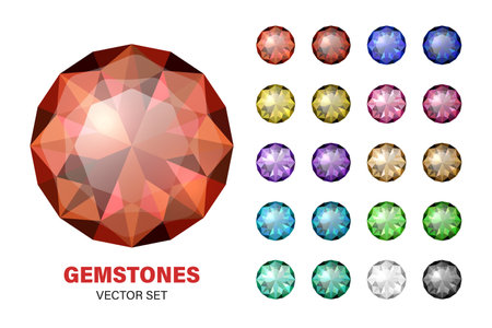 Vector 3d Realistic Colorful Gemstone Icons Set. Multicolored Diamond, Crystal, Rhinestones Closeup Isolated on White Background. Jewerly Concept. Design Template of Gemstones, Gem Clipartのイラスト素材