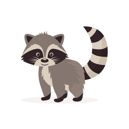 Flat Vector Cute Raccoon. Little Raccoon Icon. Adorable Walking Raccoon Cartoon Character Isolated on White Background, Side Viewのイラスト素材