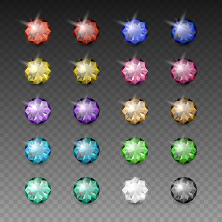 Vector 3d Realistic Colorful Gemstone Icons Set. Multicolored Diamond, Crystal, Rhinestones Closeup Isolated. Jewerly Concept. Design Template of Gemstones, Gem Clipartのイラスト素材