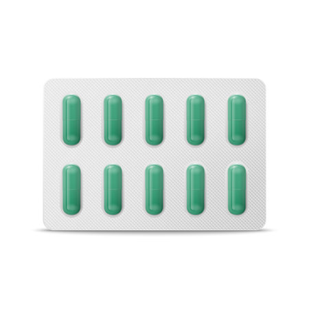 Vector Realistic Pharmaceutical Medical Green Pills, Vitamins, Capsule in Blister Closeup Isolated on White. Pills in Blister Packaging Design Template. Front View. Medicine, Health Conceptのイラスト素材