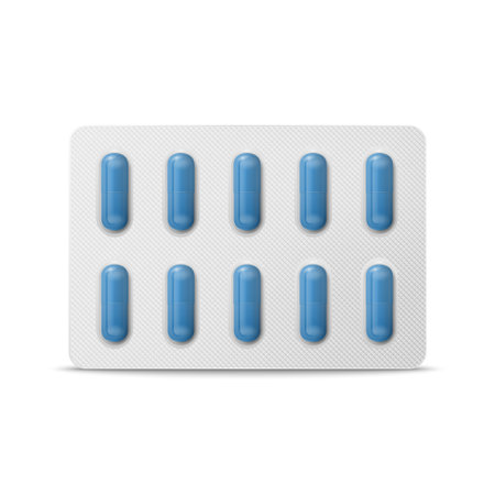 Vector Realistic Pharmaceutical Medical Blue Pills, Vitamins, Capsule in Blister Closeup Isolated. Pills in Blister Packaging Design Template. Front View. Medicine, Health Conceptのイラスト素材