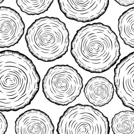 Vector Seamless Pattern with Tree Rings, Saw Cut Tree Trunk, Wood Log, Cross. Pine, Oak Slices, Lumber. Cut Timber, Wooden Texture with Tree Rings. Hand Drawn Design Elementのイラスト素材