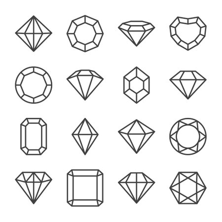 Vector Flat Simple Minimalistic Linear Black and White Gemstone Icons Set. Diamond, Crystal, Rhinestones Closeup Isolated. Jewerly Concept. Design Template of Gemstones, Gem Clipart. Top, Front Viewのイラスト素材