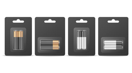 Vector 3d Realistic Two Alkaline Battery in the Black Paper Blister Icon Set Closeup Isolated. AA Size, Horizontal and Vertical Position. Design Template for Branding, Mockupのイラスト素材