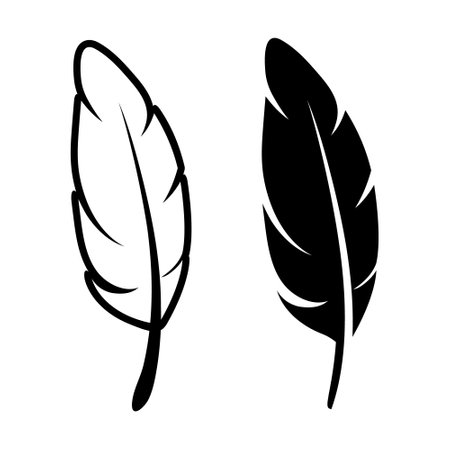 Vector Black and White Fluffy Feather Logo Icon, Silhouette Feather Set Closeup Isolated. Design Template of Flamingo, Angel, Bird Feather. Lightness, Freedom Conceptのイラスト素材